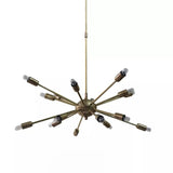Chiang Mai 16 light Mid-Century chandelier shown in a closer view highlighting its exposed bulbs, cylindrical holders, and radial brass-tone arms.