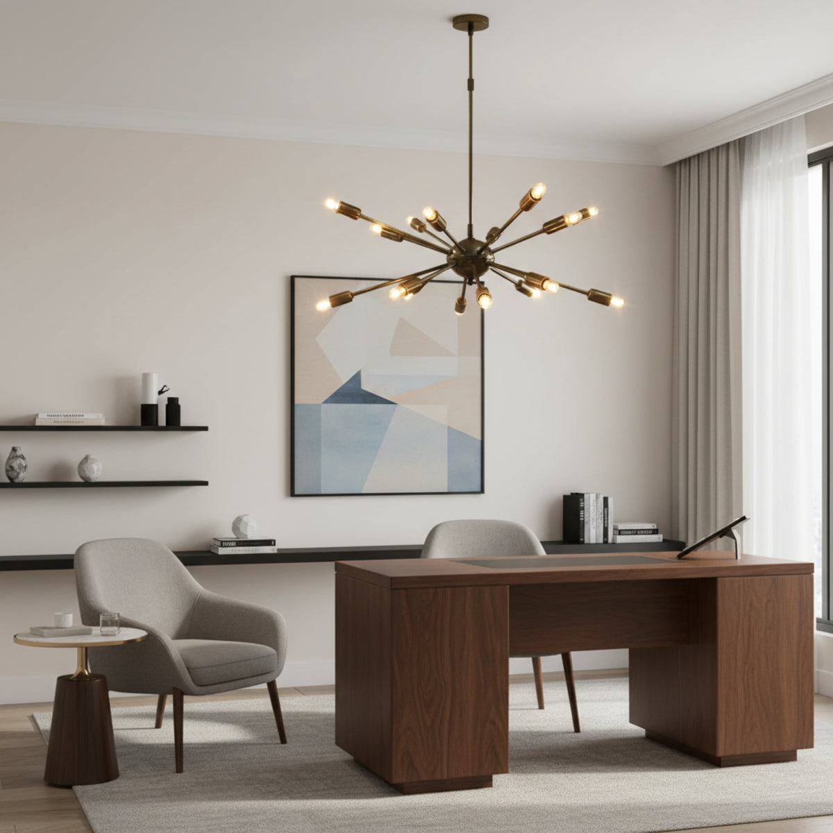 Chiang Mai 16 light Sputnik chandelier shown illuminated with warm glowing bulbs and a sculptural brass-tone starburst design.