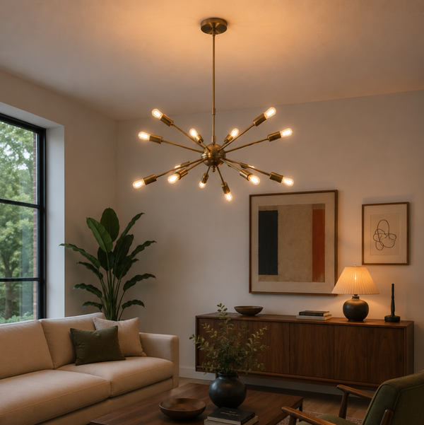 Chiang Mai 16 light brass-tone Sputnik chandelier illuminated in a warm Mid-Century Modern living room with elegant ambient lighting.