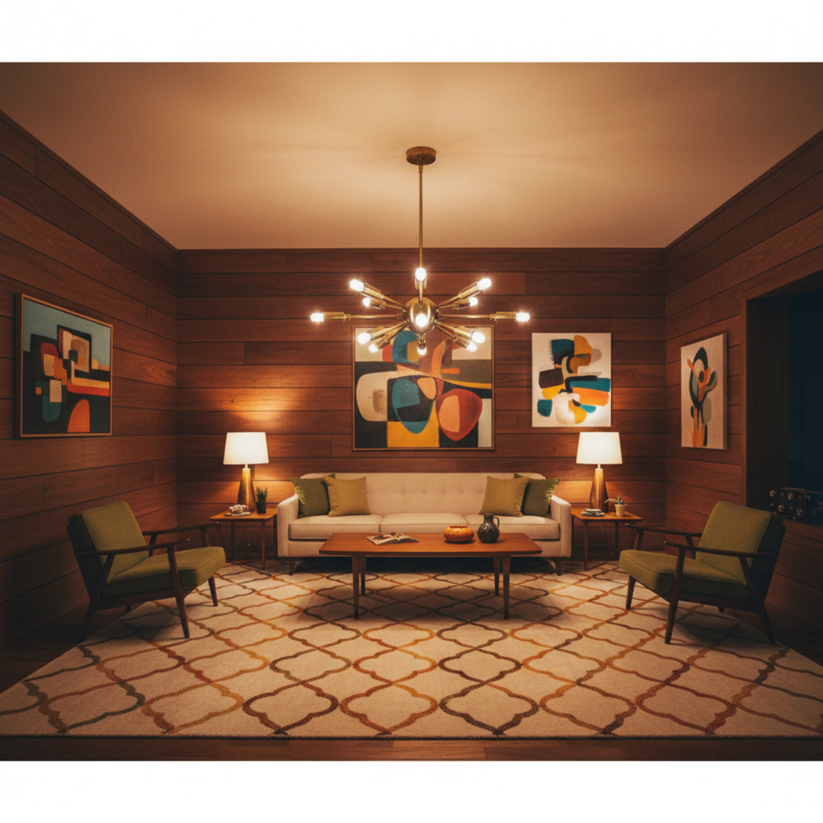 Chicago 12 light brass-tone Sputnik chandelier shown from an alternate front view highlighting its spherical hub and multi-directional arms.