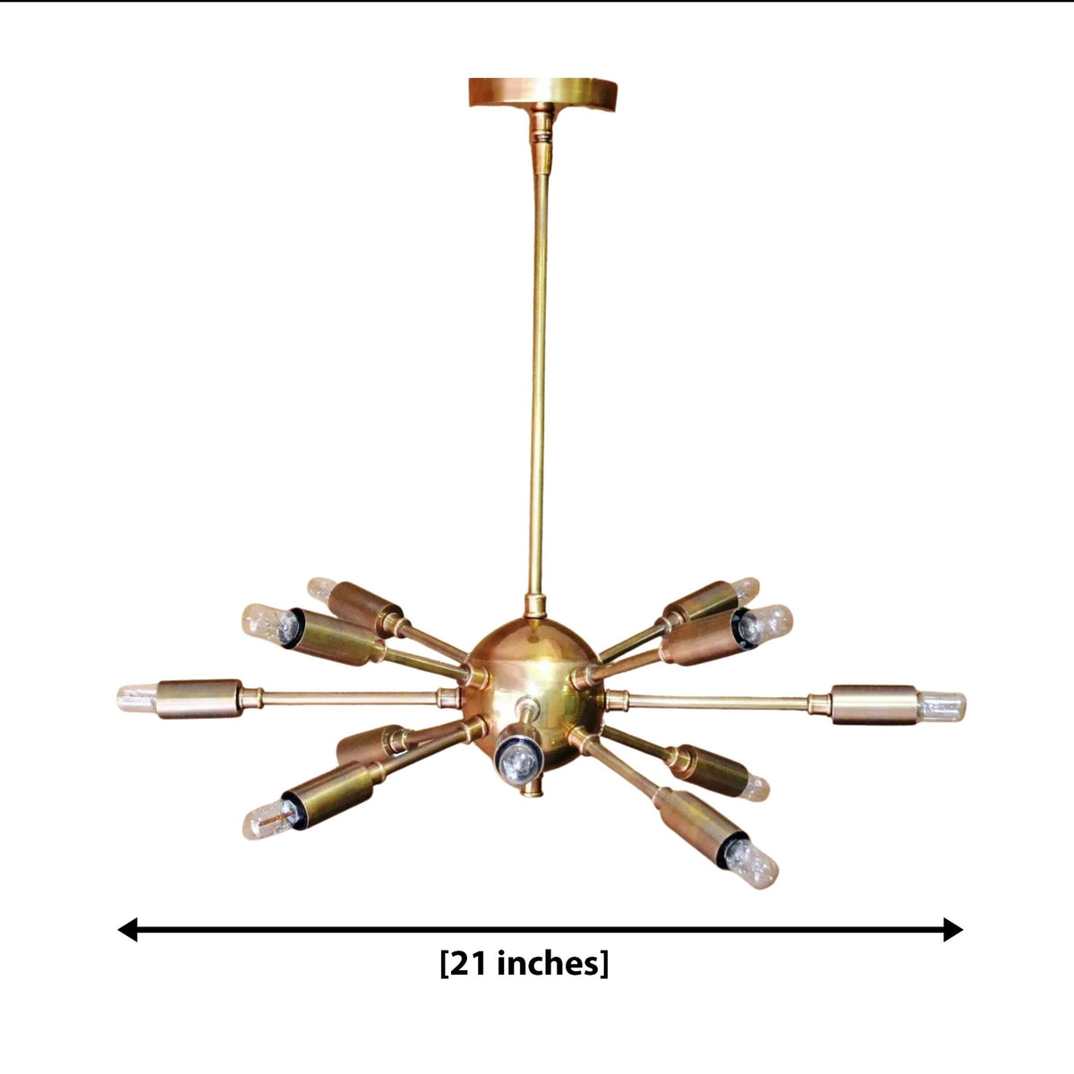 Chicago 12 light brass-tone Sputnik chandelier dimension view showing an overall fixture width of 21 inches.