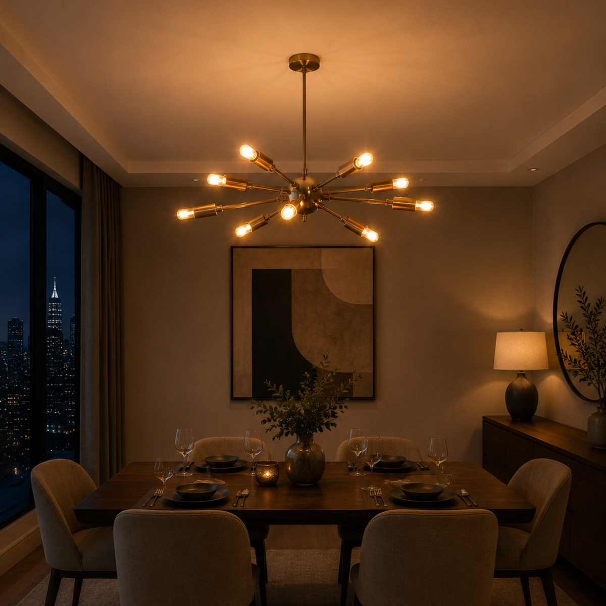 Chicago 12 light brass-tone Sputnik chandelier illuminated above a dining table in a warm contemporary dining room.