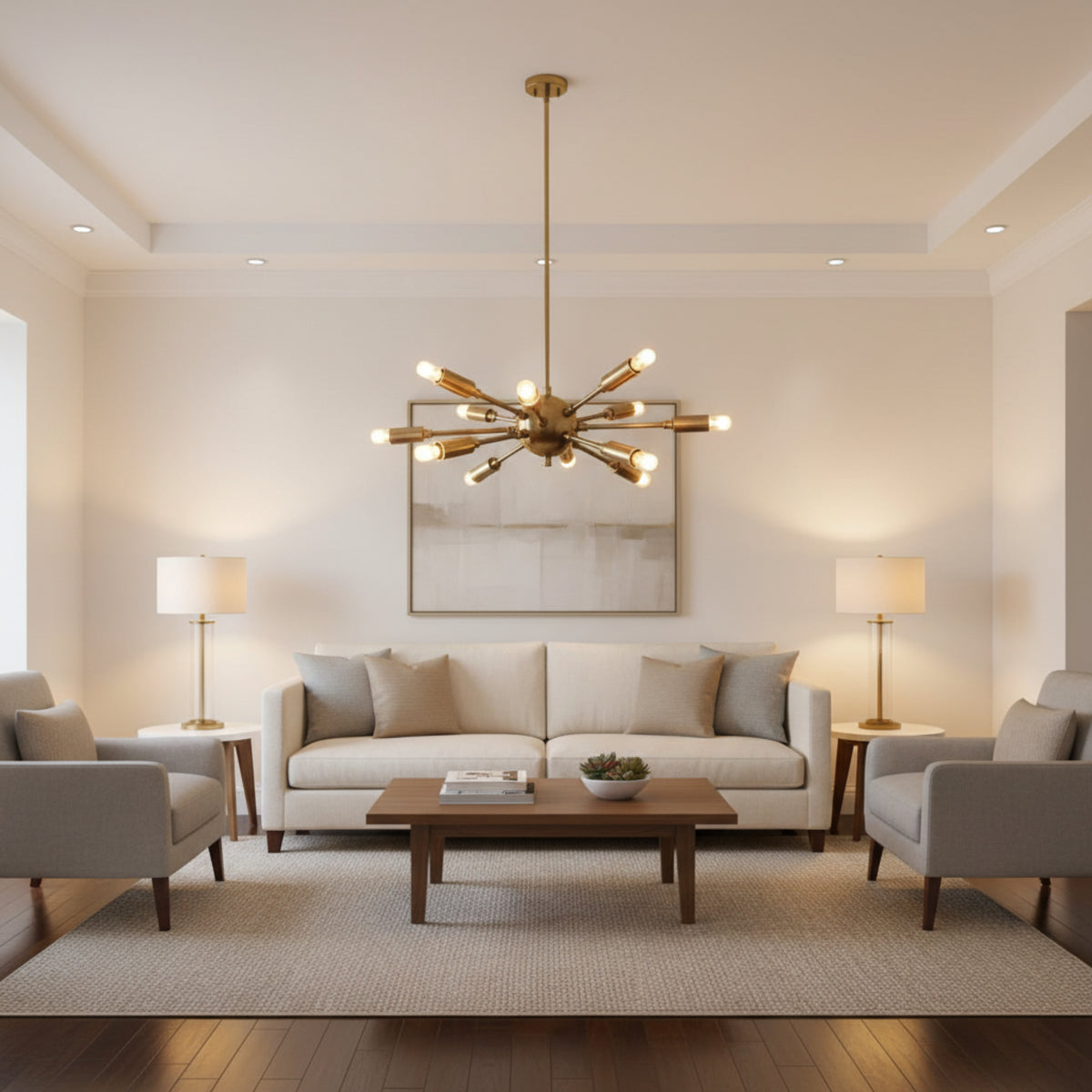 Chicago 12 light brass-tone Sputnik chandelier shown illuminated from an angled view with exposed bulbs and sculptural radial arms.