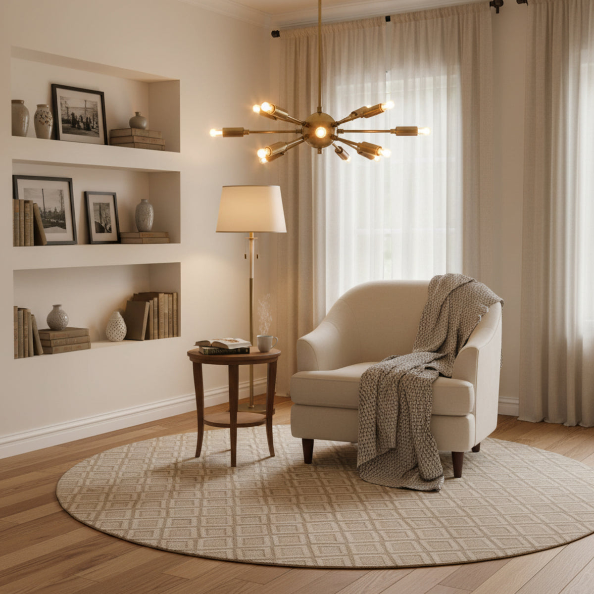 Chicago 12 light Sputnik chandelier shown illuminated with exposed bulbs, warm brass-tone cylindrical holders, and a sculptural starburst design.