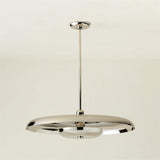 Modern disc chandelier in polished chrome finish with minimalist silhouette and indirect lighting design.