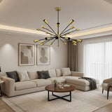 Cologne 24 light brass and black radial Sputnik chandelier shown from an angled view with cylindrical bulb holders.