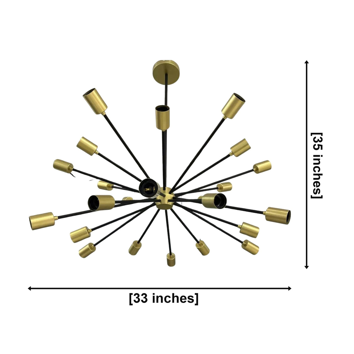 Cologne 24 light brass and black Sputnik chandelier dimension view showing 33 inch width and 35 inch overall height.