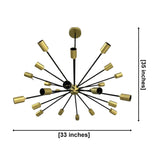 Cologne 24 light brass and black Sputnik chandelier dimension view showing 33 inch width and 35 inch overall height.