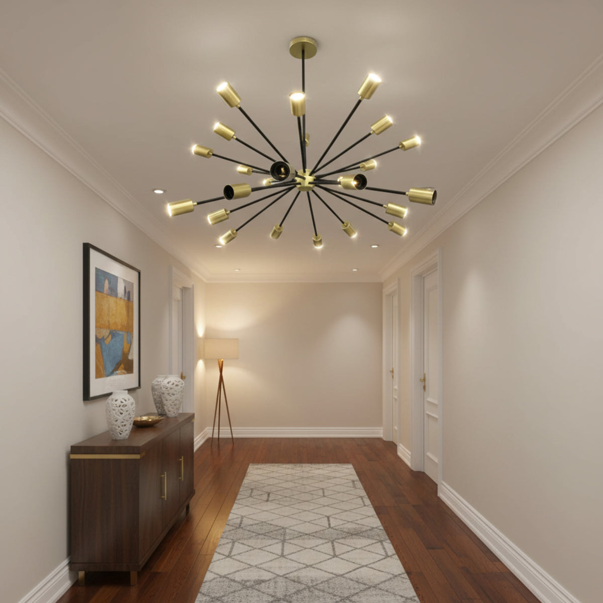 Cologne 24 light brass and black Sputnik chandelier shown in a full angled view with multi-arm starburst design.