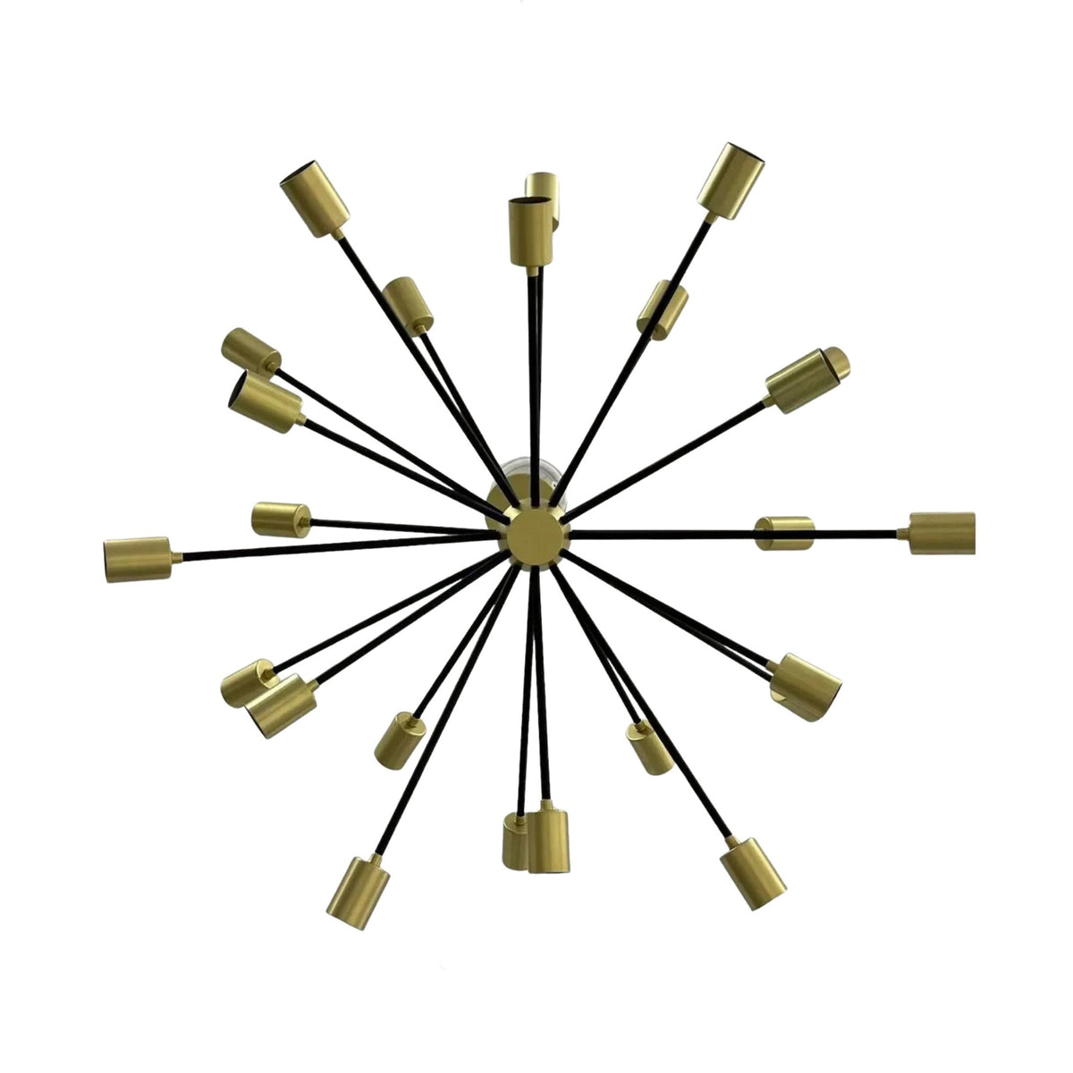 Cologne 24 light brass and black radial Sputnik chandelier shown from the top with cylindrical bulb holders.