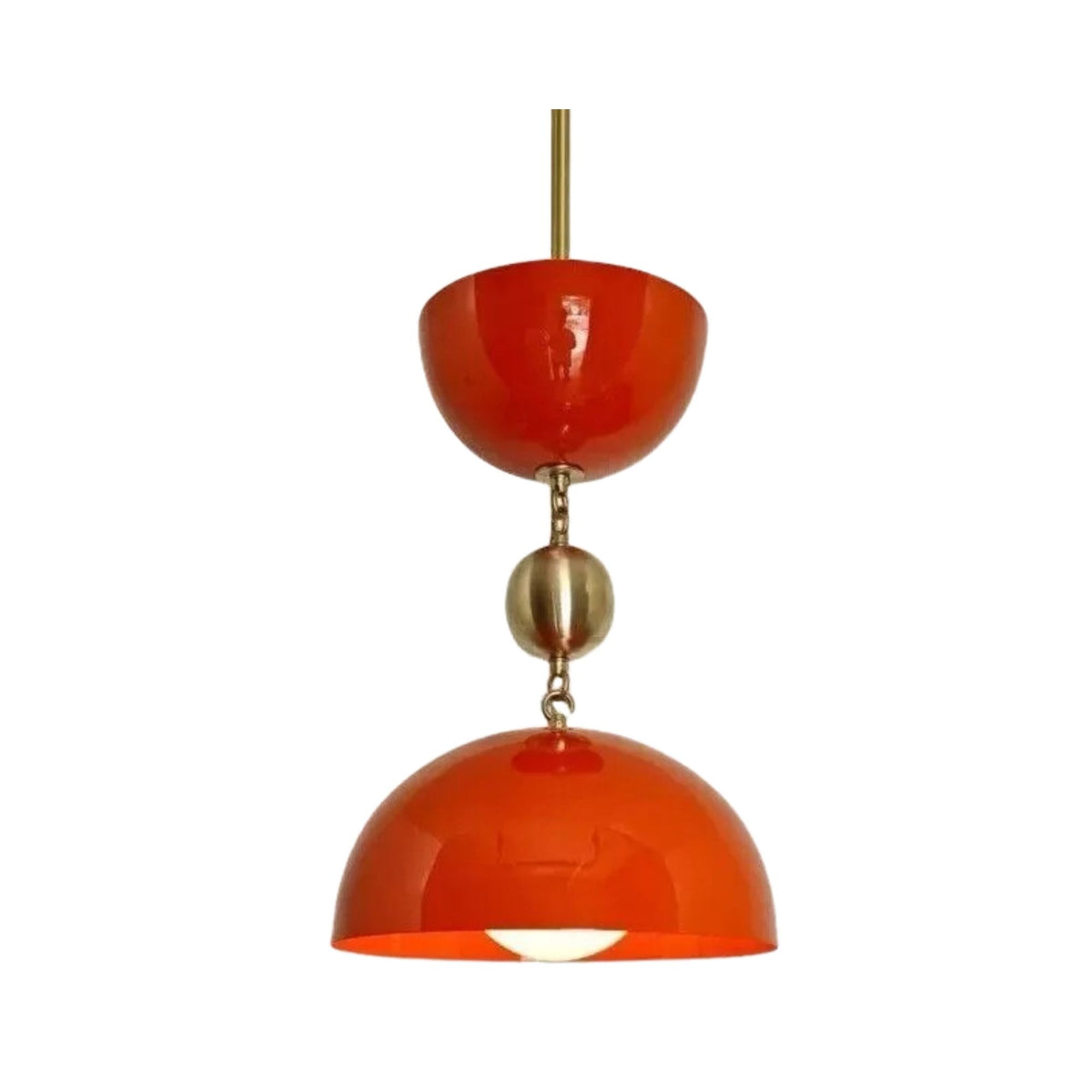 Cologne 1 light orange-red sculptural pendant shown from an angled view with rounded dome shade and warm brass-tone detailing.