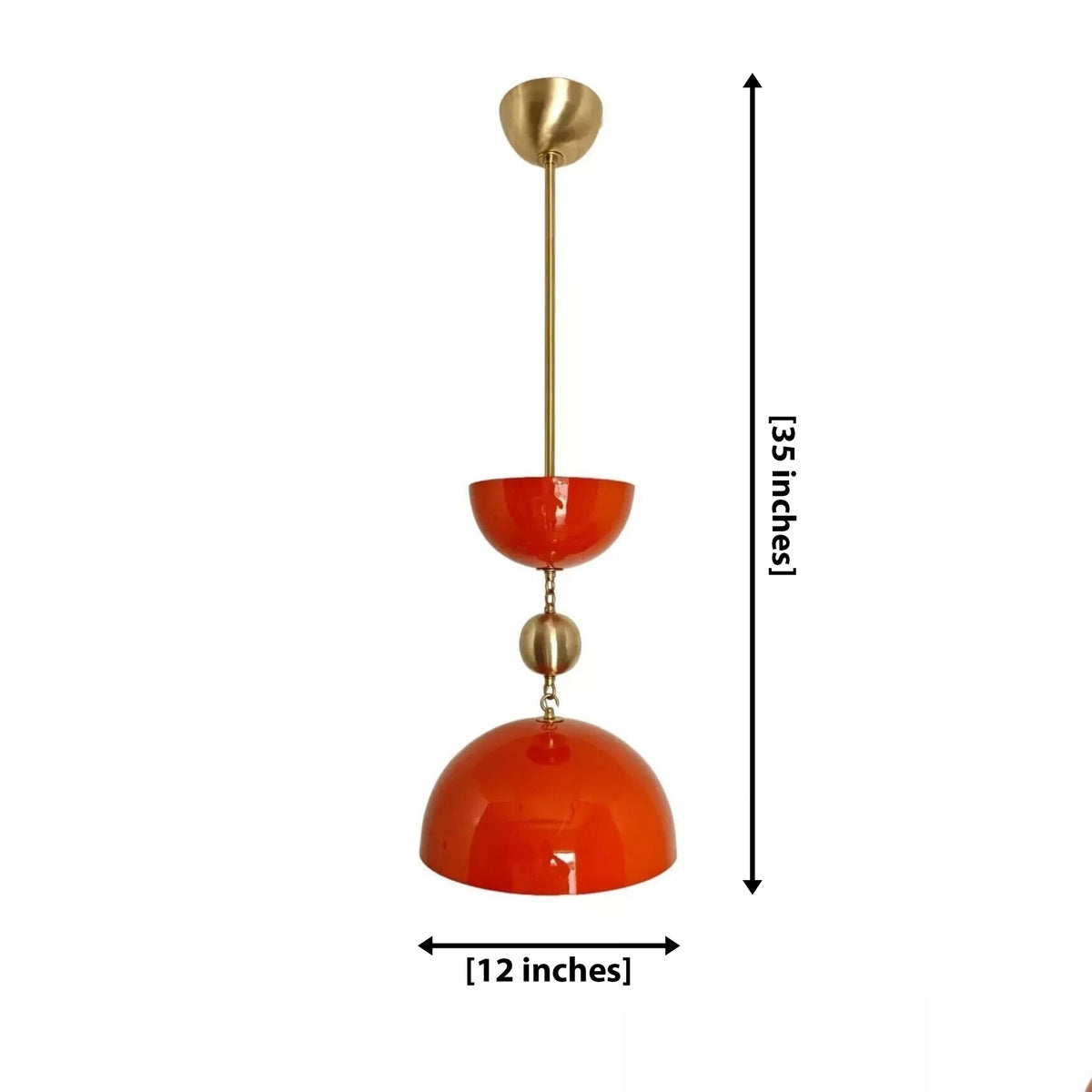 Cologne 1 light orange-red dome pendant dimension view showing 12 inch width and 35 inch overall height.