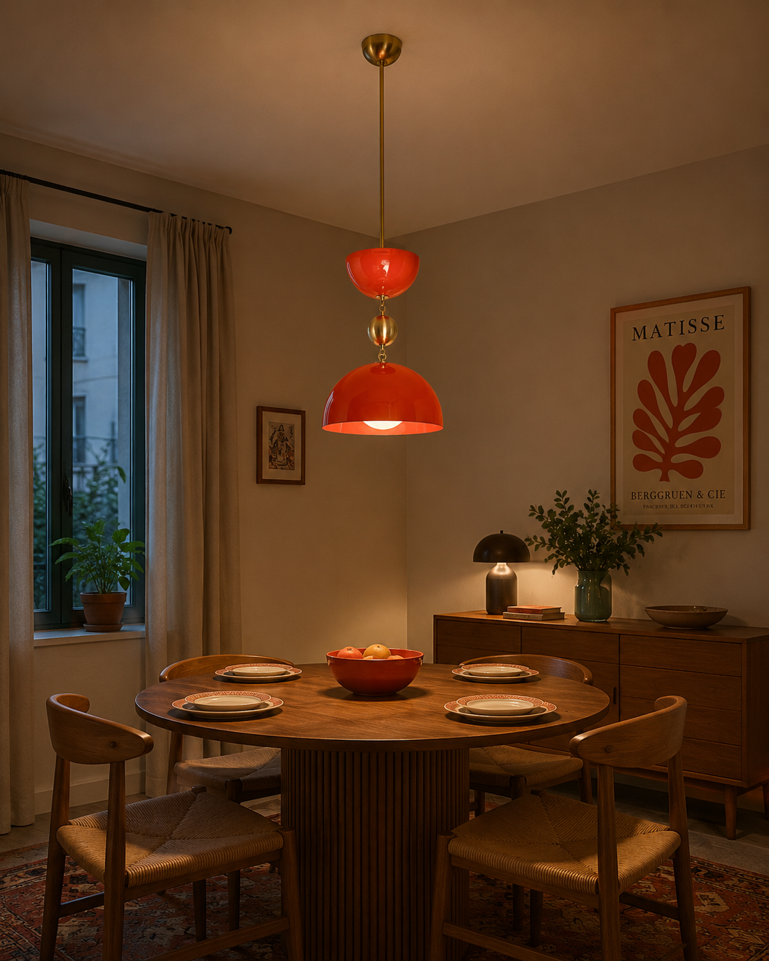 Cologne 1 light orange-red sculptural dome pendant displayed above a round wood dining table in a warm Mid-Century Modern dining room.