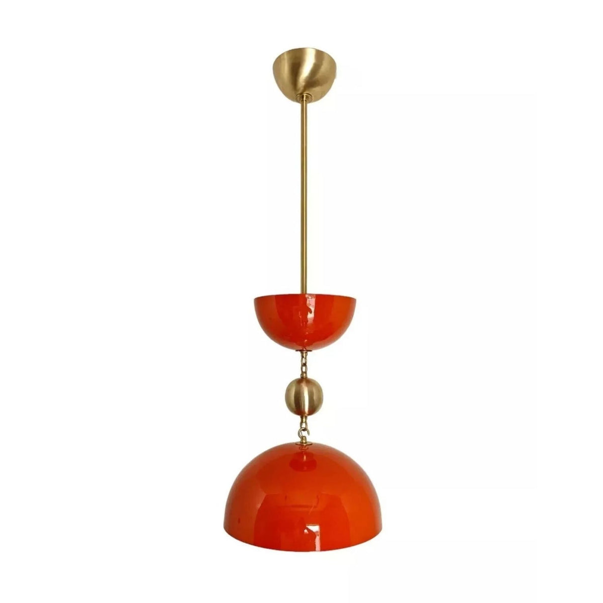 Cologne 1 light orange-red sculptural dome pendant shown from the front with brass-tone downrod, canopy and spherical accent.