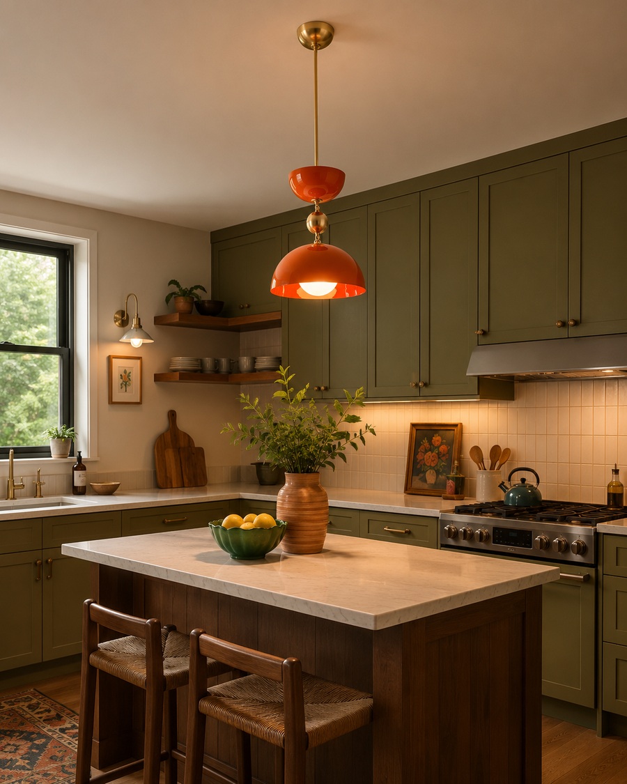 Cologne 1 light orange-red sculptural dome pendant displayed above a kitchen island with warm brass accents and olive green cabinetry.