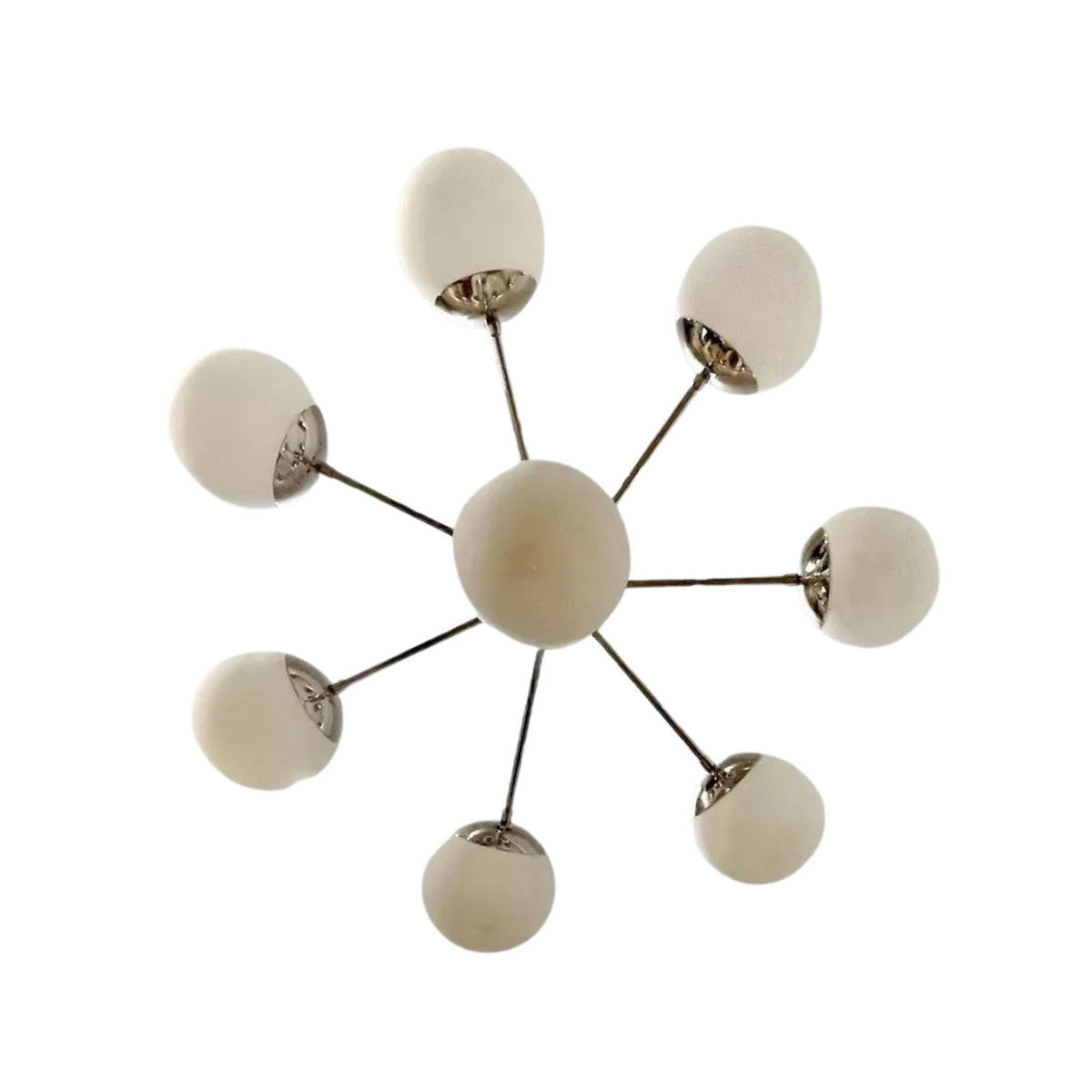Como 8 light opal glass globe Sputnik chandelier shown from below highlighting the radial multi-arm arrangement.