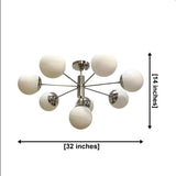 Como 8 light opal glass globe Sputnik chandelier dimension view showing 32 inch width and 14 inch height.