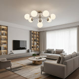 Como 8 light opal glass globe Sputnik chandelier with polished silver-tone frame shown from the front.