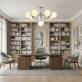 Como 8 light opal glass globe Sputnik chandelier illuminated with a warm glow and polished silver-tone frame.