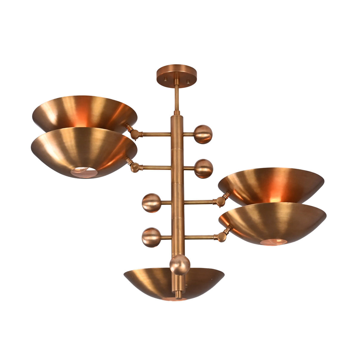 Angled view of Como Orbital chandelier featuring stacked bowl shades, offset arms, and sculptural vertical design.