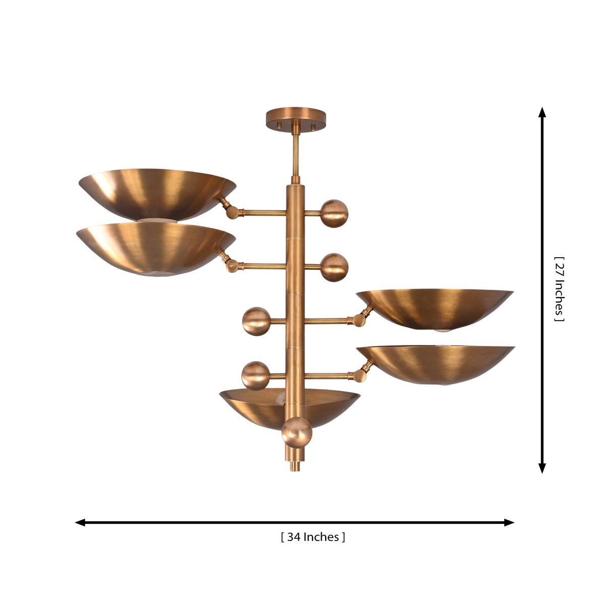 Dimension diagram of Como Orbital chandelier showing 34-inch width and 27-inch overall height.