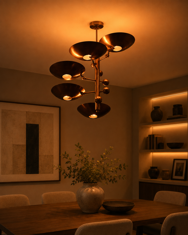 Como Orbital chandelier installed above a dining table, creating warm Mid-Century Modern ambient lighting.