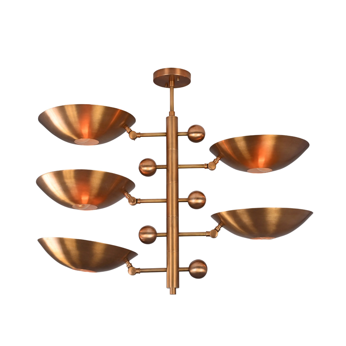Como Orbital chandelier featuring five layered bowl shades, vertical center stem, and Mid-Century Modern styling.