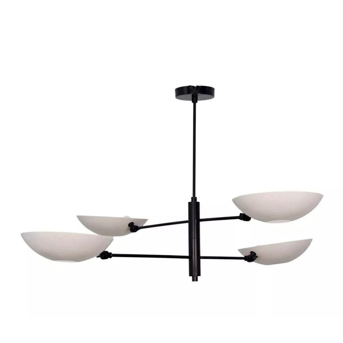 Opposite angled view of Como 4 light contemporary chandelier showcasing sculptural white bowl shades, asymmetrical branching arms, and a black finish.