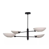 Opposite angled view of Como 4 light contemporary chandelier showcasing sculptural white bowl shades, asymmetrical branching arms, and a black finish.