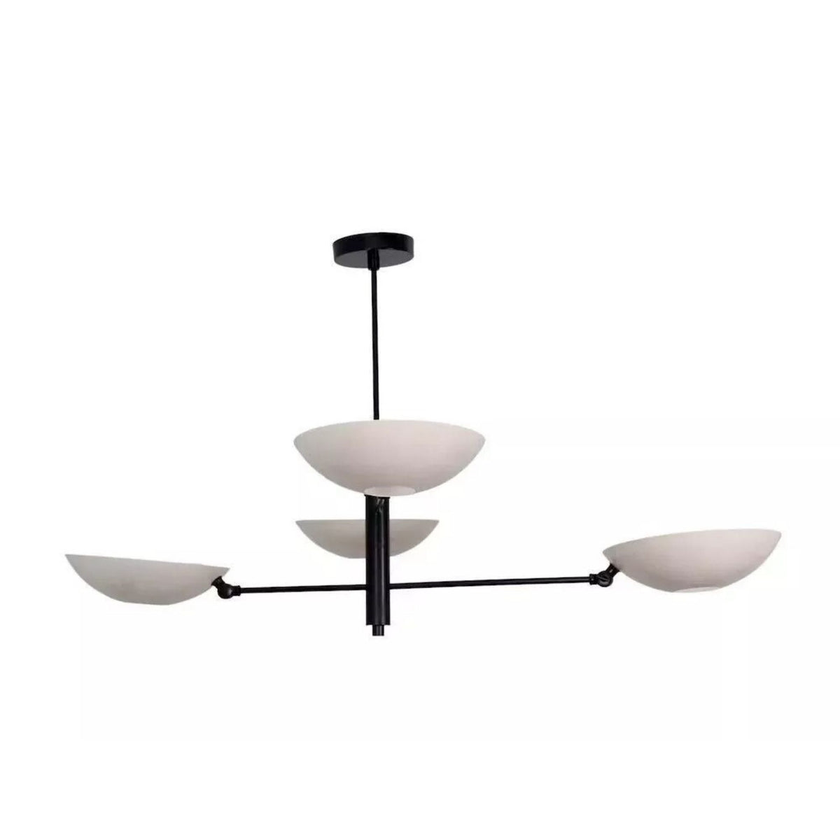 Side view of Como 4 light Mid-Century Modern chandelier highlighting its layered white bowl shades, horizontal black arms, and central suspension rod.