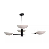 Side view of Como 4 light Mid-Century Modern chandelier highlighting its layered white bowl shades, horizontal black arms, and central suspension rod.
