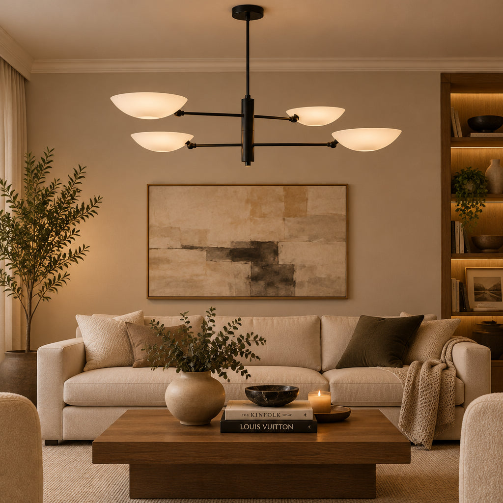 Straight front view of Como 4 light chandelier displaying four upward-facing white bowl shades arranged at different heights on a black metal frame.
