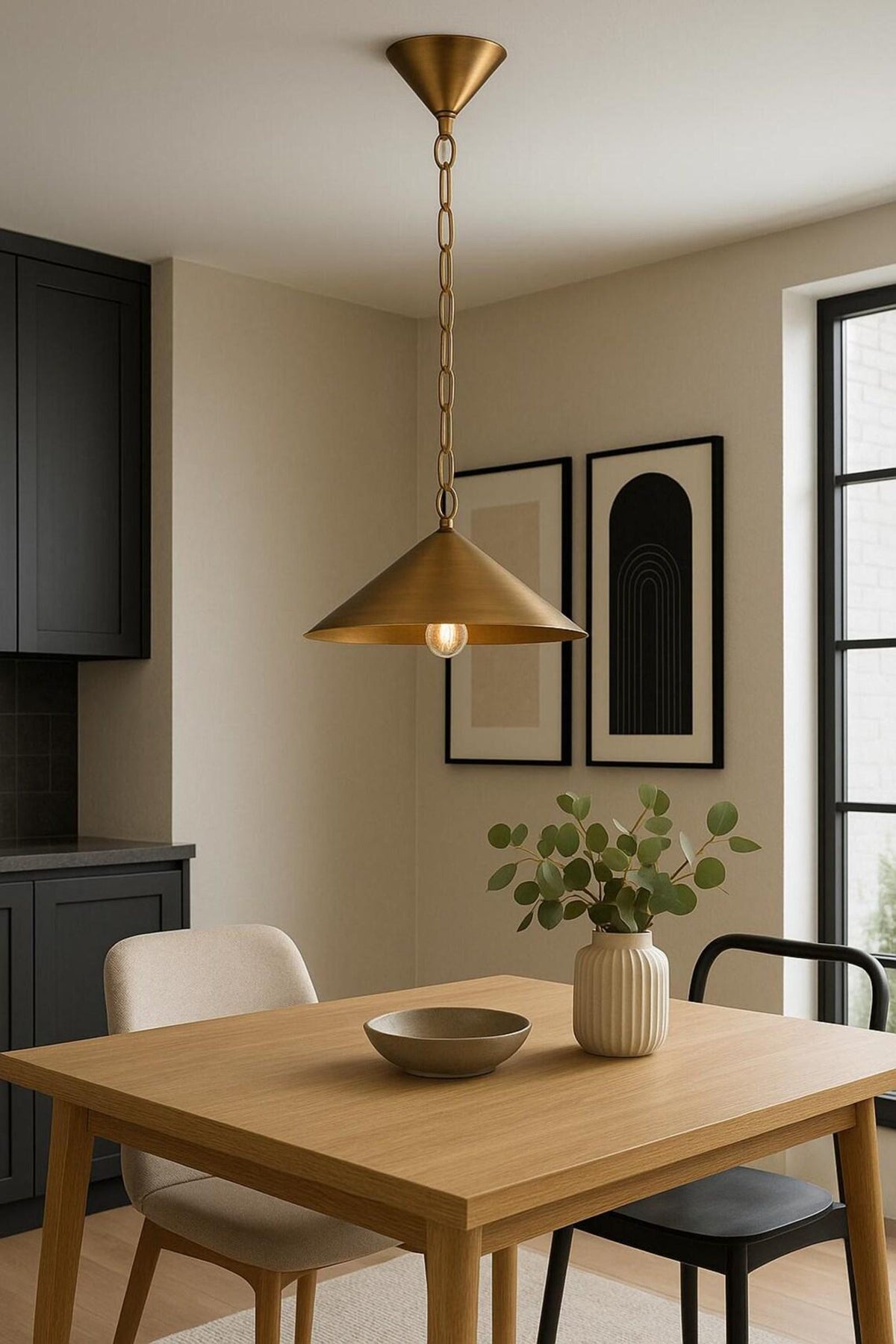 Brass cone pendant chandelier hanging over a wood dining table in a modern kitchen-dining space.