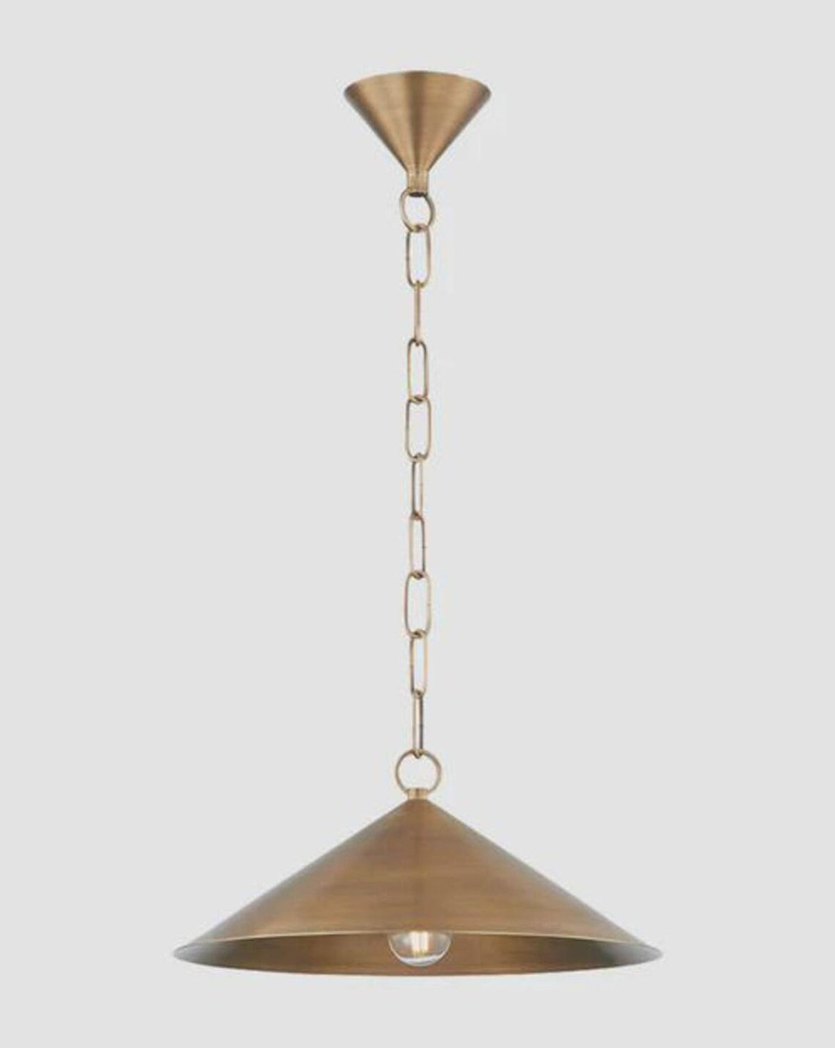 Brass cone pendant chandelier with chain and ceiling canopy shown on a white background.
