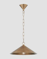 Brass cone pendant chandelier with chain and ceiling canopy shown on a white background.