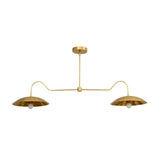 Cordoba 2 light chandelier featuring warm brass construction, curved linear arms, shallow dome shades and exposed bulbs.