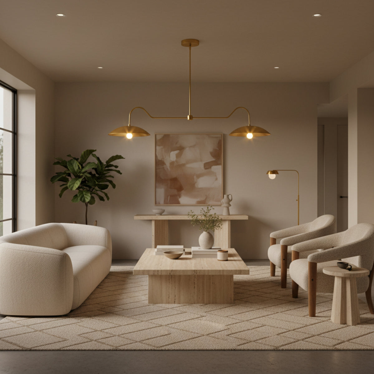 Cordoba 2 light brass linear chandelier featuring twin dome shades and gracefully curved arms shown from the front.
