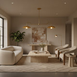 Cordoba 2 light brass linear chandelier featuring twin dome shades and gracefully curved arms shown from the front.