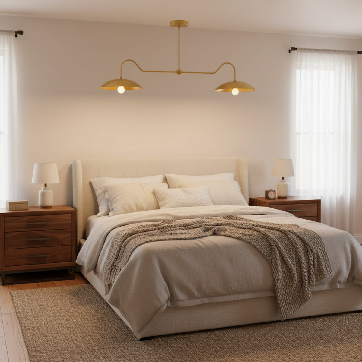 Cordoba 2 light linear brass chandelier shown from a straight front view with symmetrical dome shades and exposed bulbs.