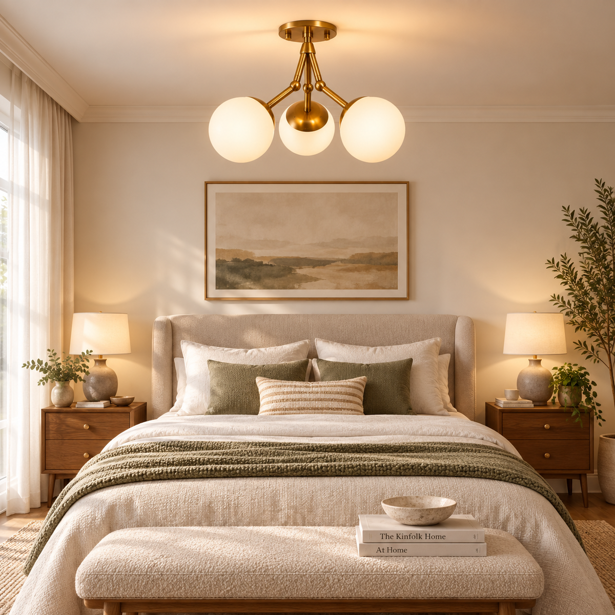 Cordoba 3 light Mid-Century Modern globe chandelier with opal glass shades displayed above a warm neutral bedroom.
