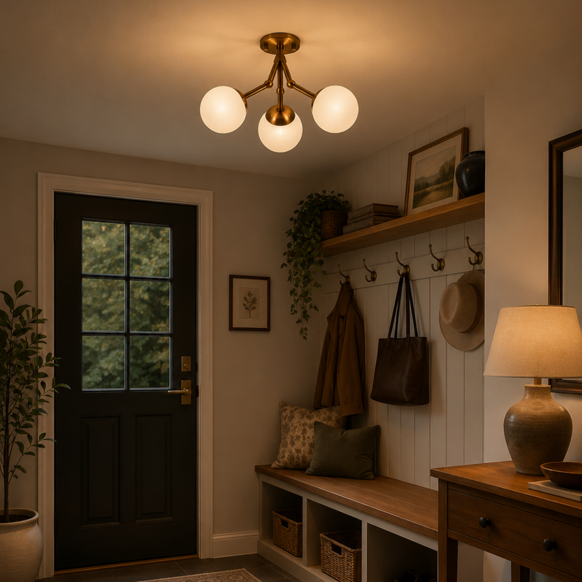 Cordoba 3 light brass-tone globe chandelier with illuminated opal glass shades installed in a warm contemporary entryway.