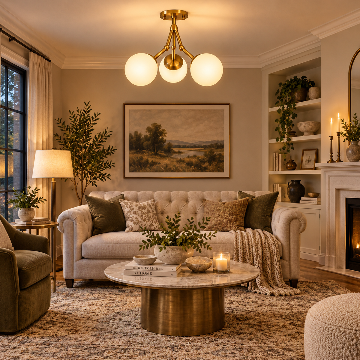 Cordoba 3 light brass-tone globe chandelier with illuminated opal glass shades installed in an elegant contemporary living room.