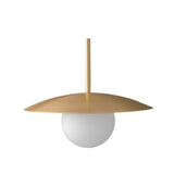 Close-up view of the Corfu 1 light pendant with a wide brass-tone disc shade and spherical white opal glass globe.