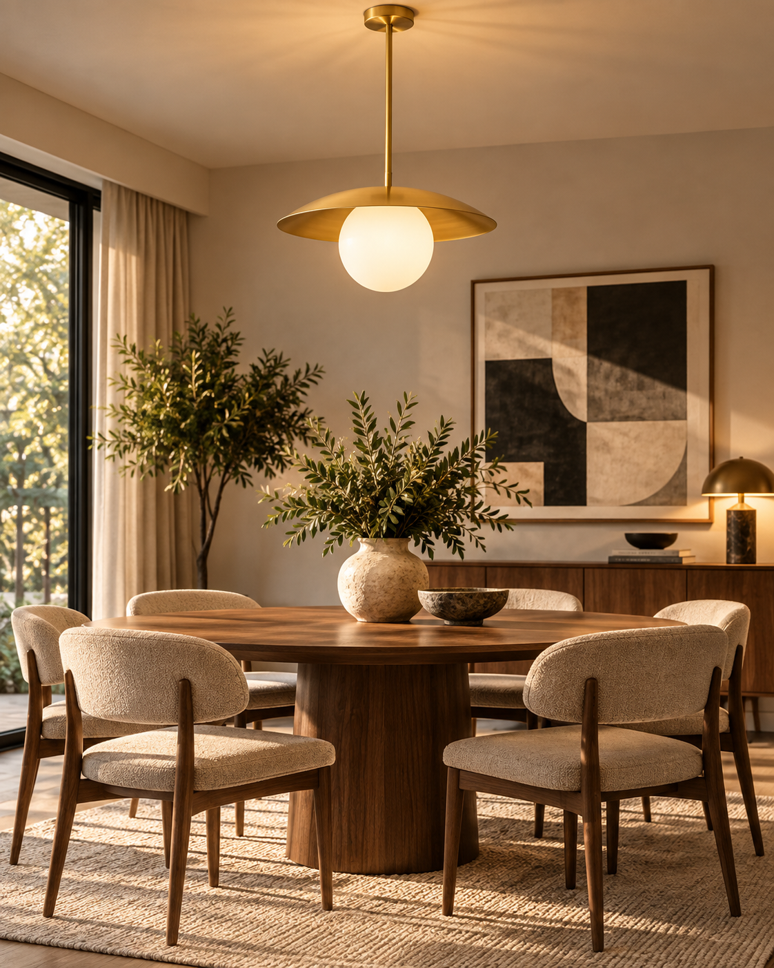 Corfu 1 light brass disc globe pendant centered above a round wood dining table in a warm modern dining room.
