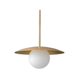 Corfu 1 light brass-tone disc pendant shown from the front with a white opal globe shade and slim downrod.
