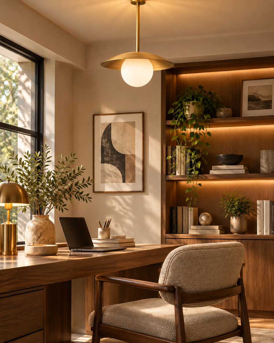 Corfu 1 light brass disc globe pendant illuminating a warm Mid-Century Modern home office with walnut furniture.
