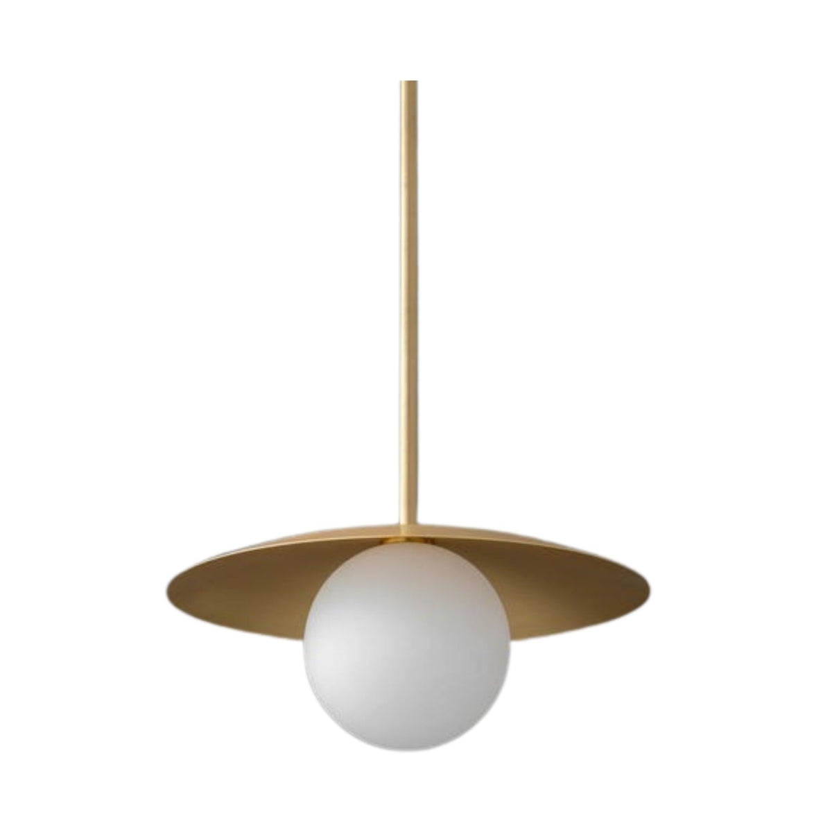 Corfu 1 light brass disc globe pendant featuring a minimalist saucer shade, opal white globe and slender brass downrod.