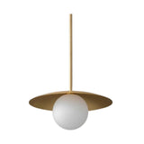 Corfu 1 light brass disc globe pendant featuring a minimalist saucer shade, opal white globe and slender brass downrod.