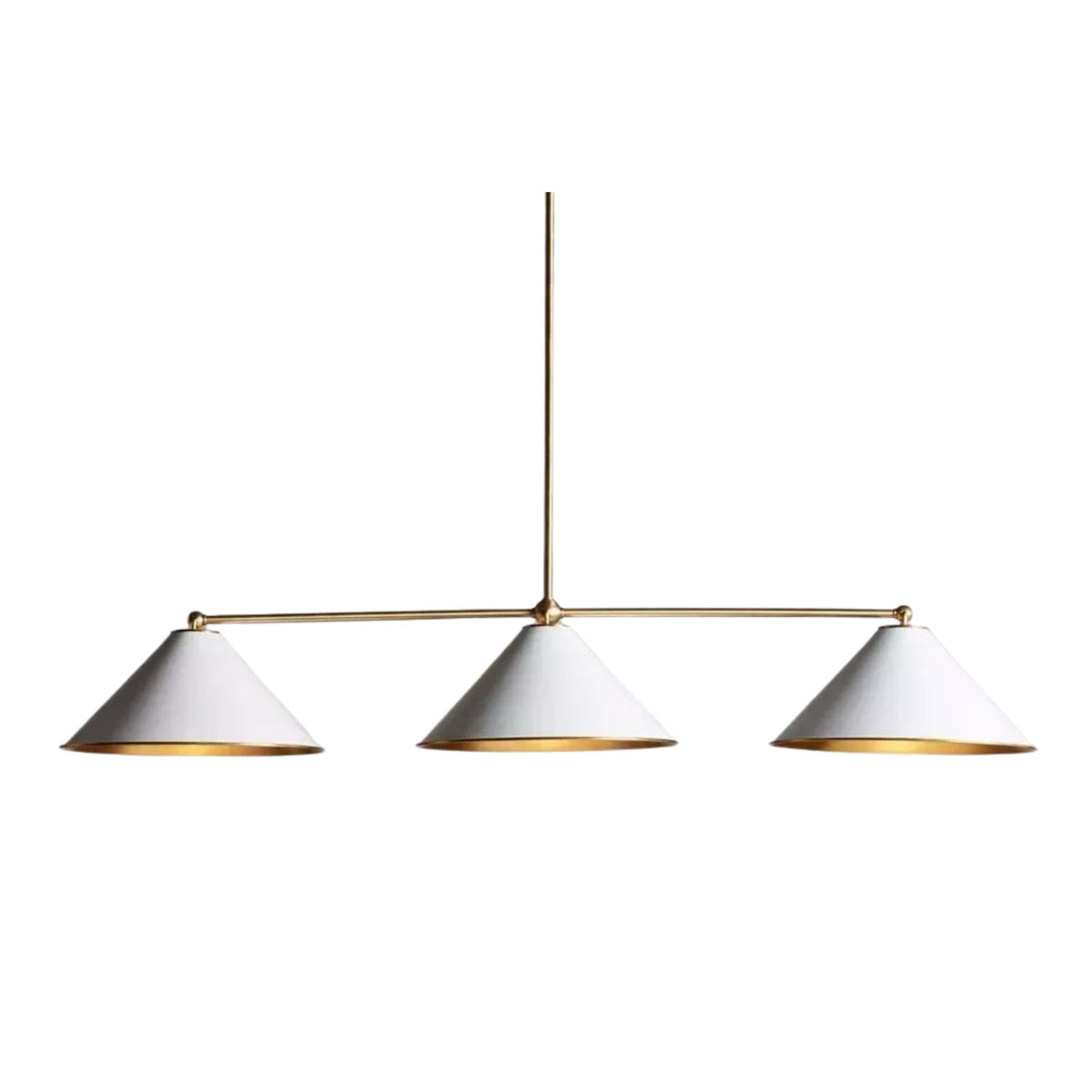 Corfu 3 light chandelier close front view highlighting the tapered white cone shades and brass accents.