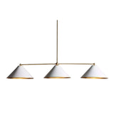 Corfu 3 light chandelier close front view highlighting the tapered white cone shades and brass accents.